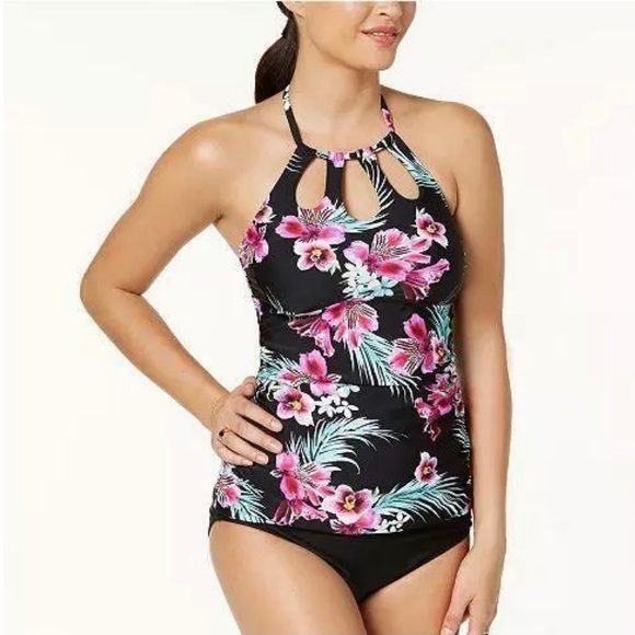 Island Escape Orchid Paradise High-Neck Cutout Tankini & La Palma Hipster Bottom - Picture 1 of 10